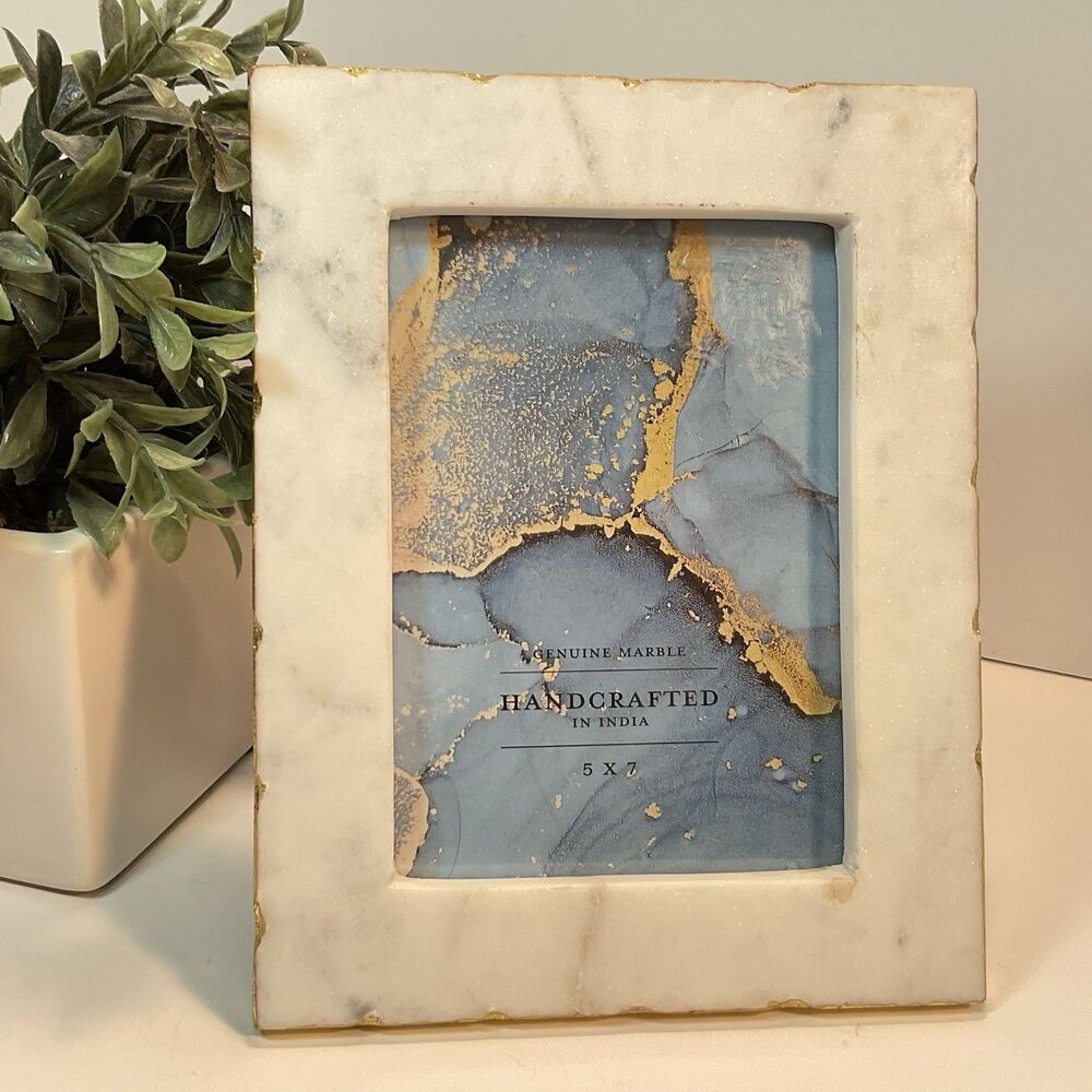 Genuine Marble Picture Frame 5 X 7 White Gold Accents Photos Wedding Baby Table